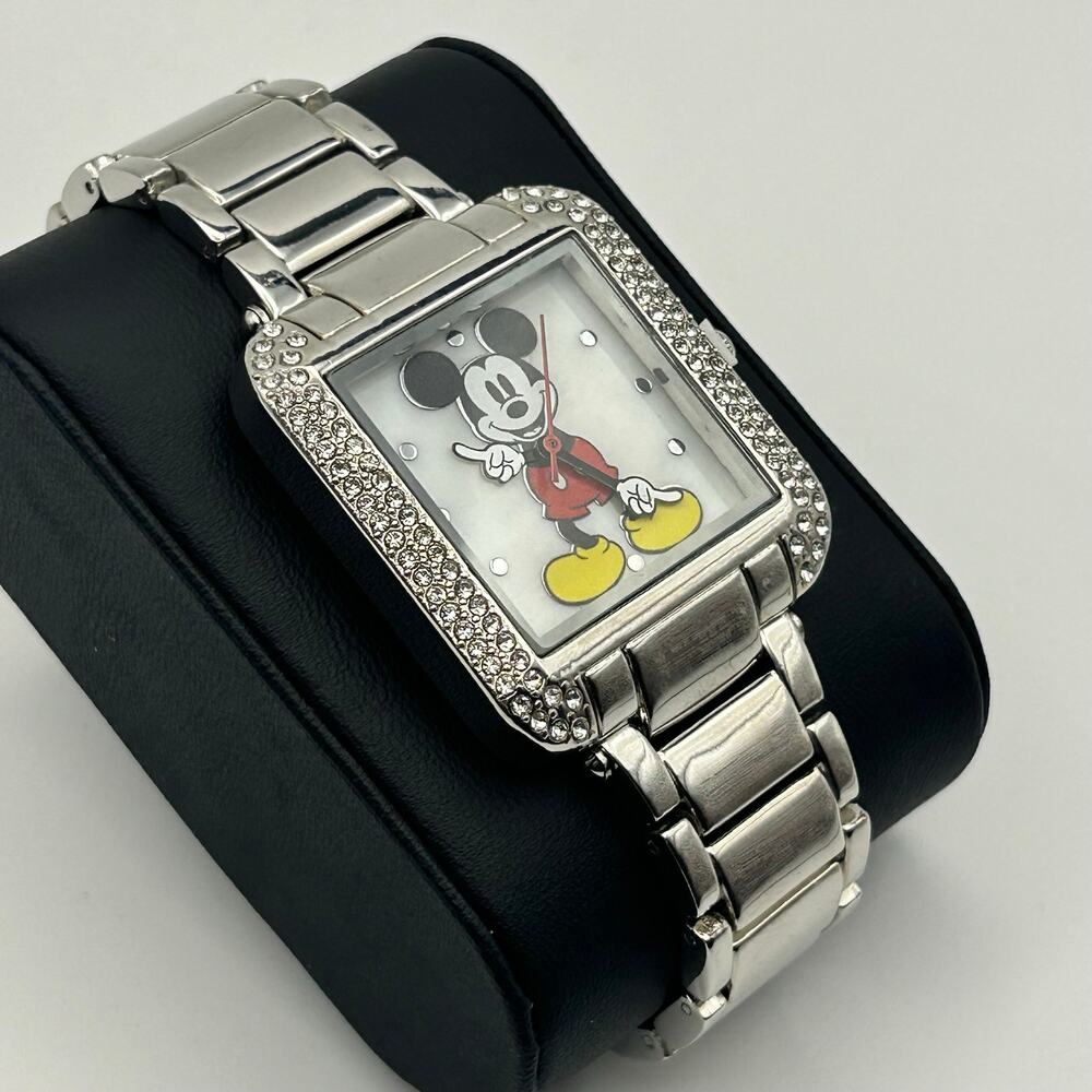 Disney Mickey Mouse Silver Tone Crystals Mother Pearl Dial Watch New Battery - Picture 3 of 8